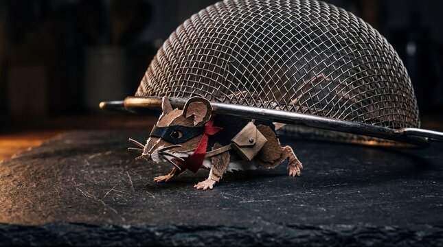 A paper bandit mouse with a satchel sneaks under a wire strainer on dark slate. This clever macro scene conveys a daring, stealthy heist in a miniature world.