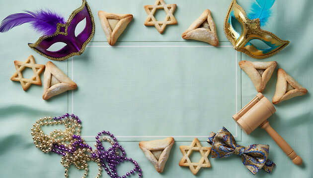 Elegant Purim Gala Invitation featuring Hamantaschen Cookie, Masquerade accessory, Gragger, and Star of David symbol on Mint background with Copyspace.