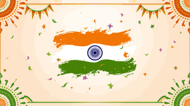 Vibrant Indian flag painted with brushstrokes, surrounded by festive confetti and traditional decorative borders, celebrating national pride.