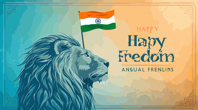 Stylized illustration of a majestic lion with the Indian flag, celebrating freedom and national pride in a vibrant, artistic design.