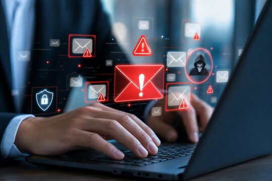 Businessman typing on laptop with warning email icons, depicting cybersecurity threats, phishing attacks, malware, data breaches, spam risk, and online fraud protection.