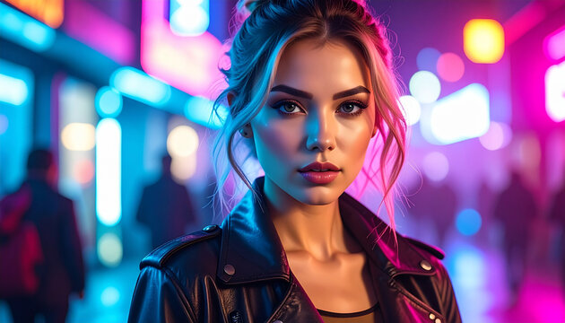 Young woman in leather jacket in neon city at night