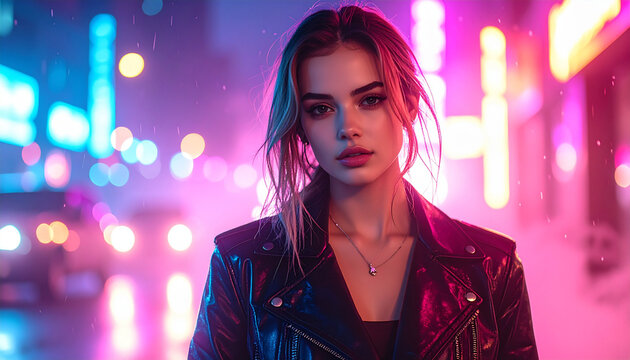 Young woman in leather jacket in neon city lights