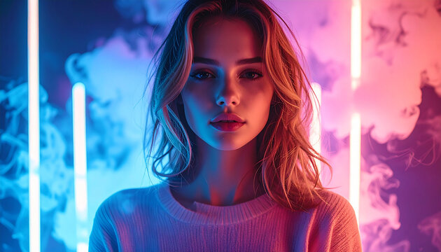 Woman illuminated by neon lights with smoke effect