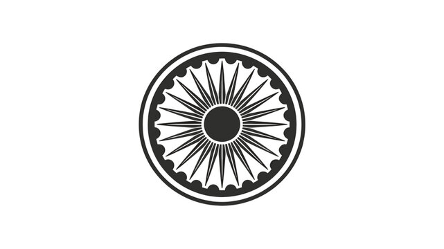 Black and white Ashoka Chakra symbol with 24 spokes, representing dharma and the wheel of law, on a plain background.