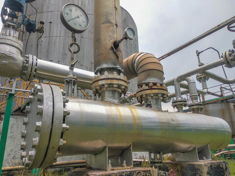 Industrial heat exchanger pipe system with steel flanges at chemical factory
