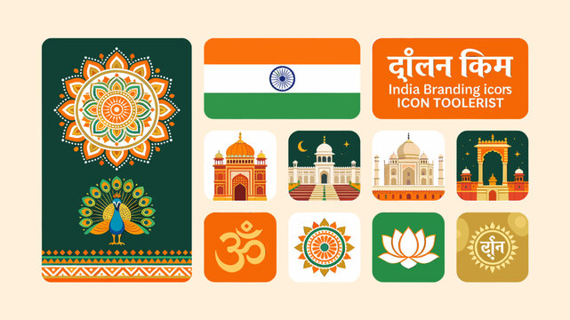 Collection of Indian cultural icons and symbols, including the Indian flag, famous landmarks, and traditional motifs.