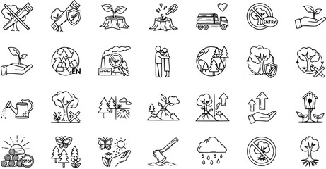 Fototapeta premium Nature Conservation Icons: Tree Planting, Recycling, Deforestation, Environmental Protection, Line Art