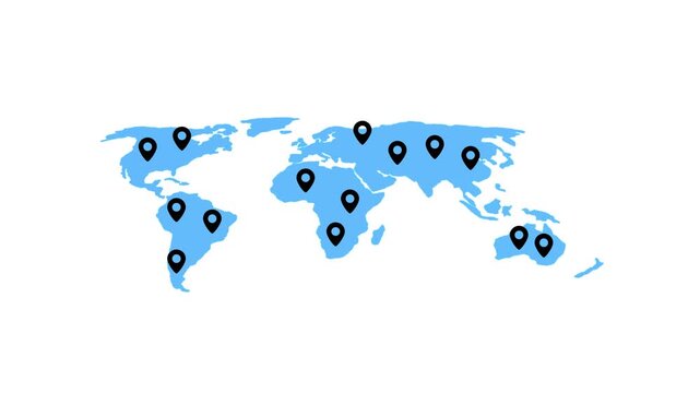 A stylized blue map with multiple black location pins scattered across continents and oceans indicating various global destinations or points of interest for travel and business. Keywords: map