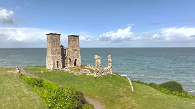 Reculver Towers and Roman Fort from a drone, Herne Bay, Kent, England