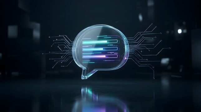 Glowing electronic chat speech bubble with circuit boards texture presenting abstract automatic chatbot tech messaging support