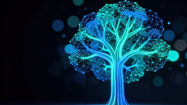 Digital tree with glowing lines on dark background