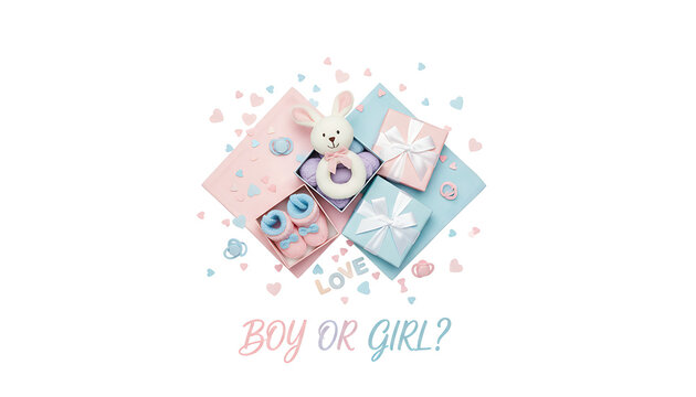 Gender Reveal Party Flat Lay with Pink Blue Knitted Bootie Gift Box Bunny Rattle Toy Love Heart Soother Pacifier on White Background Vertical Top View Composition for Newborn Baby Announcement