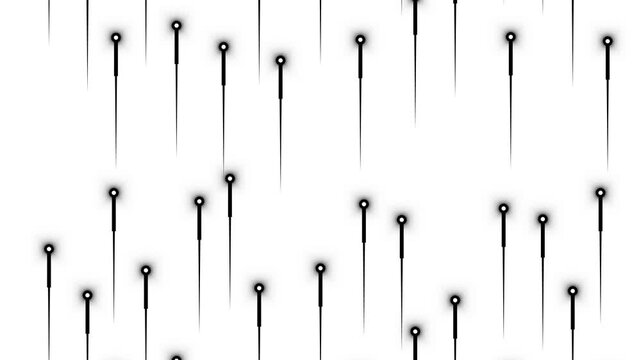 A pattern of numerous thin black vertical lines with glowing white circular tops, resembling stylized needles, pins, or abstract data points against a white background. Keywords: abstract, pattern