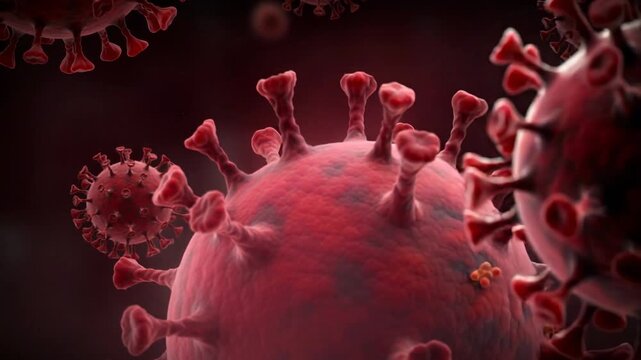 Close up dynamic view of coronavirus particle showing detailed spike protein structure