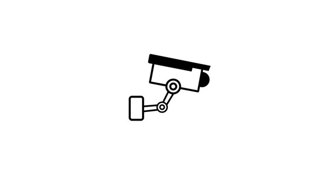 A black outline of a surveillance security camera with a movable arm and lens, indicating monitoring or observation on a white background