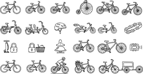 Black and White Line Art Icons of Bicycles and Accessories for Transportation and Sport © arulumia