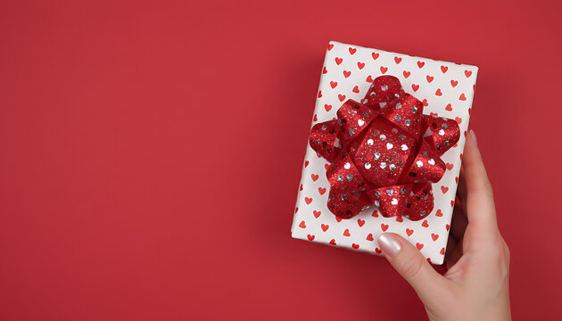 Top view of a female hand holding a Valentine gift box wrapped in white heart pattern paper with red bow and sequins on an isolated crimson background with copy space for romantic greetings.