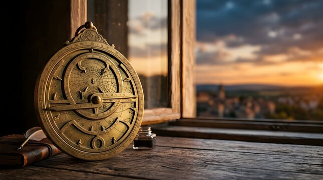 Antique brass astrolabe on wooden desk near window during sunset