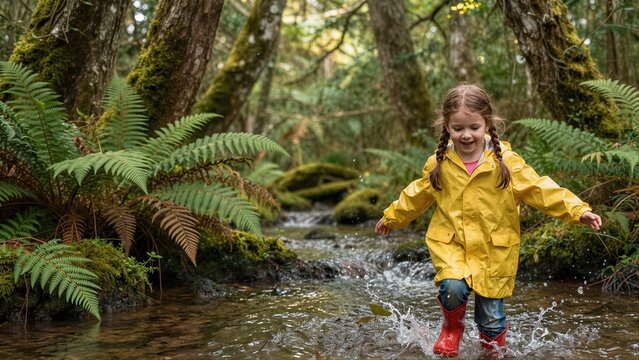 A joyful child in a yellow raincoat wades through a forest stream.