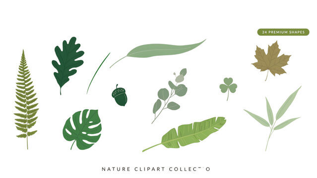 Set of various green tropical and forest leaves in pixel art style Vector