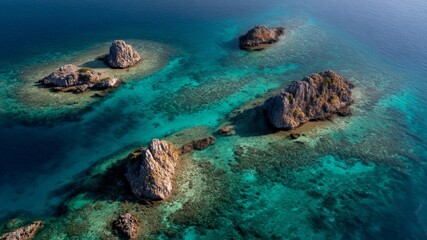 Obraz premium Aerial view of rocky islands in crystal clear turquoise tropical waters