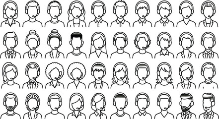 Fototapeta premium Customer Service Call Center Agent Avatar Profile Line Art Icon Set with Diverse Men and Women Wearing Headsets for Tech Support Interfaces