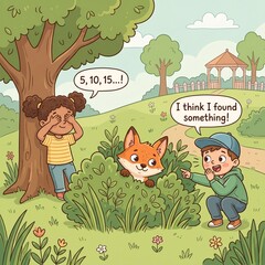 Fototapeta premium Kids Playing Hide and Seek in a Sunny Park, Discovering Adventure Among the Trees and Bushes on a Cheerful Afternoon