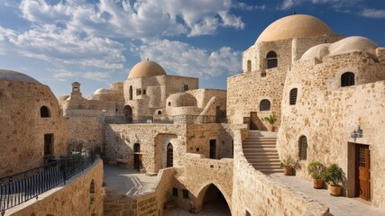 Fototapeta premium Ancient stone monastery complex with domes and courtyards under a blue sky