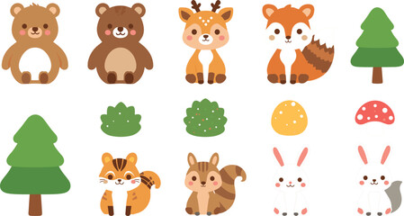 Fototapeta premium Cute Woodland Animals Icon Set with Bear Fox Deer Rabbit and Squirrel Characters for Nursery Decor Children Books and Baby Shower Designs