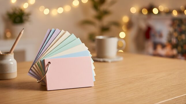 Colorful blank flashcards on a desk for study notes with blurred bokeh lights