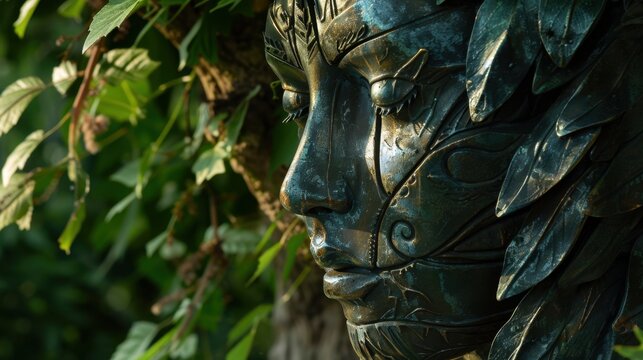 A dreamlike, surreal composition featuring verdant steel textures, sunlit teacup motifs, and a life-size harbinger sculpture set upon a basalt pedestal. The scene blends iron-weed surfaces, ivy leave