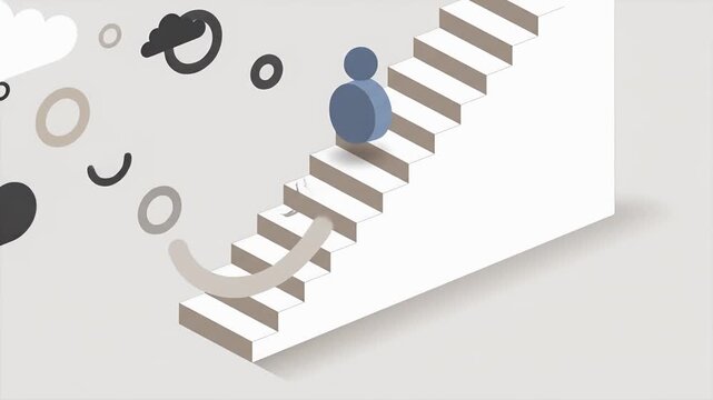 Abstract Blue Figure Climbing White Stairs Animation. Concept of Business Growth, Career Success, and Progress. Website Banner, Hero Header, Wide Background, Copy Space.