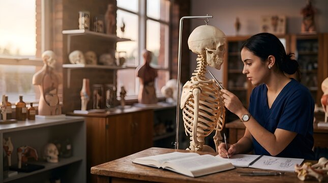 Female medical student studying human anatomy with a skeletal model in class