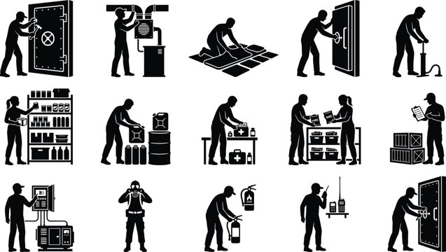Emergency Preparedness Silhouettes, Disaster Supply Management Safety Vector Illustration