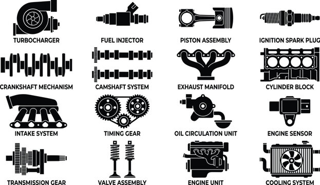 High performance automotive engine parts silhouette icon collection set