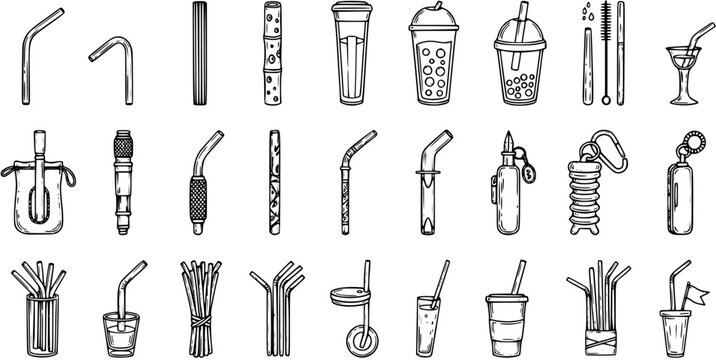 Eco-Friendly Reusable Drinking Straws and Accessories Collection. Hand-Drawn Black  White Line Art for Sustainable Food  Beverage  Zero Waste Lifestyle.