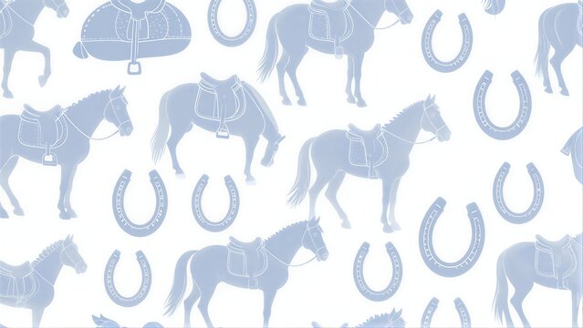 Horse silhouettes and horseshoes in a repeating blue pattern on white