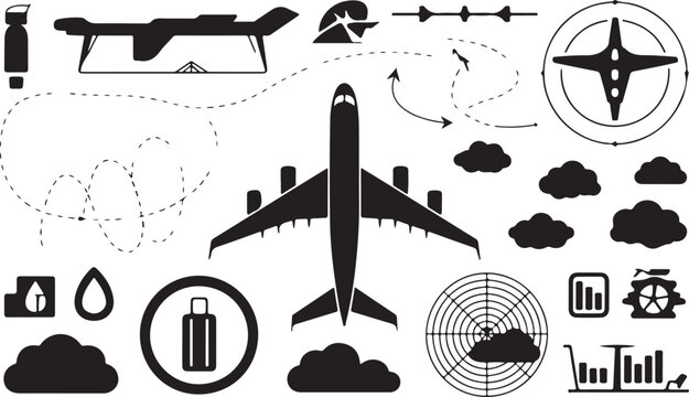 Aviation icons set with airplane radar charts and flight path symbols.