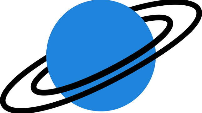 Blue planet with black rings icon flat illustration.
