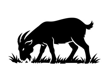 Fototapeta premium Ink Grazing Goat, Black silhouette of a goat grazing on the ground, symbolizing calmness and simplicity.