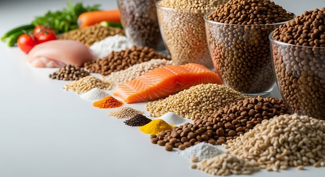 Healthy raw ingredients with salmon fillet and assorted dried grains lentils and beans on a table. pet nutrition process