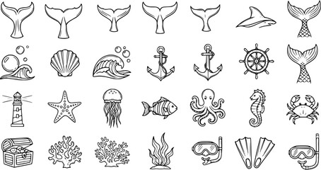 Nautical Icons: Black and White Line Art Collection of Marine Life and Objects © kulinadsgn