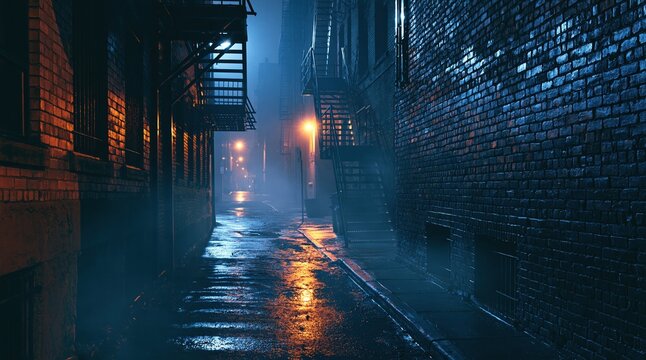 Moody rainy alley at night with wet pavement and street lights