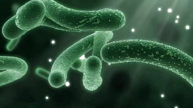 Close up animation of glowing green rod shaped bacteria floating in microscopic environment