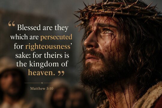 Blessed are the Persecuted: Matthew 5:10 Bible Verse Poster on Righteousness and the Kingdom of Heaven.