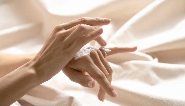 ハンドクリームを伸ばす指先の美容ケアと健康的な手肌・顔なし構図 / Japanese Woman Hands Close-Up &mdash; Rich Hand Cream Application, Soft Hydrated Skin, Hand Care Beauty Wellness, Morning Light, No Jewelry, No Face