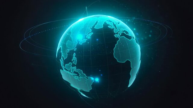 Glowing digital globe spinning in space showing global network connections and technology visualization