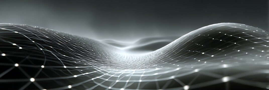 Futuristic digital wireframe network landscape with glowing connection nodes and flowing wave lines representing big data in a dark abstract cyber space virtual environment