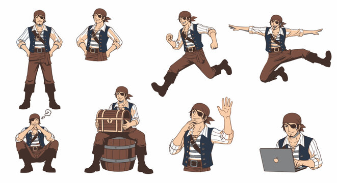 Brave pirate captain character set with various action poses.